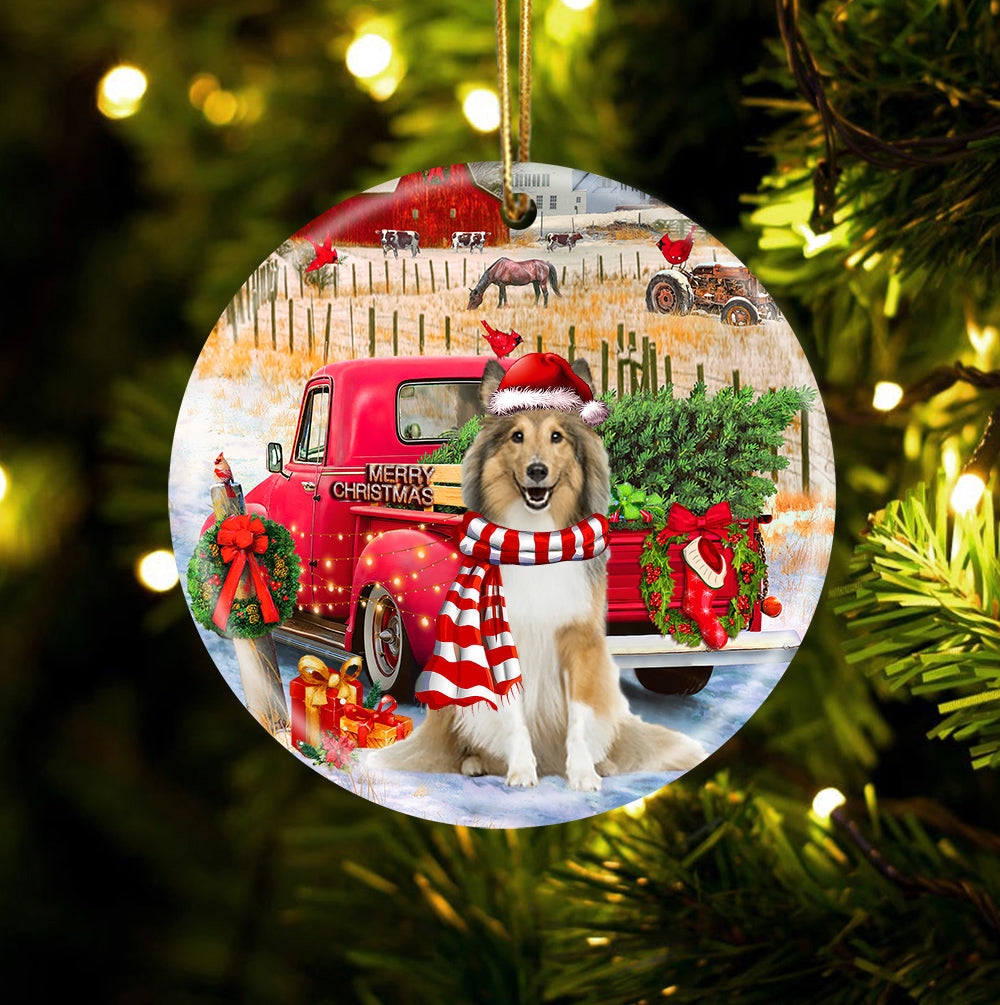 Shetland Sheepdog With Red Truck Christmas Ornament (porcelain)