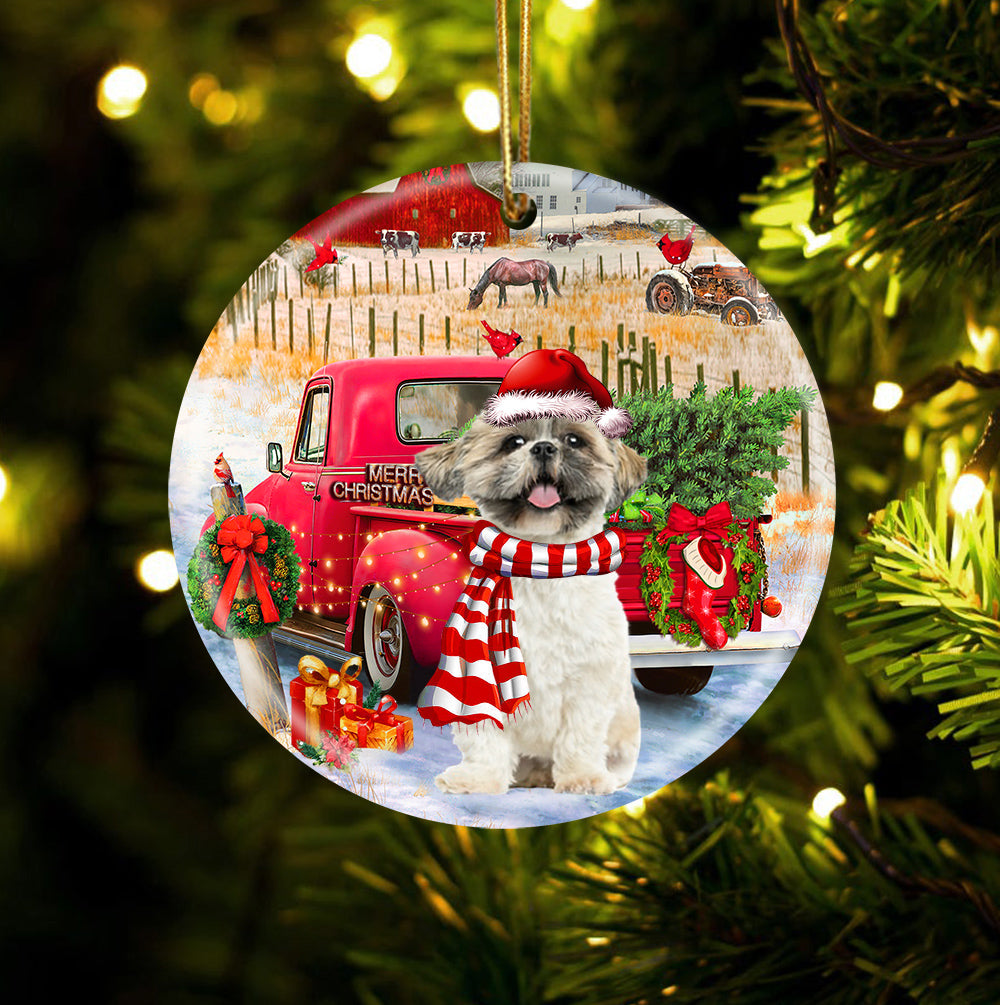 Shih Tzu With Red Truck Christmas Ornament (porcelain)