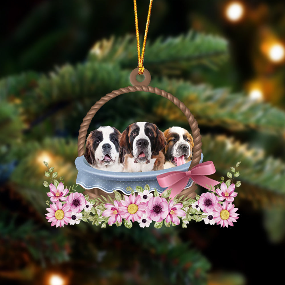 St. Bernard Dogs In The Basket Ornament