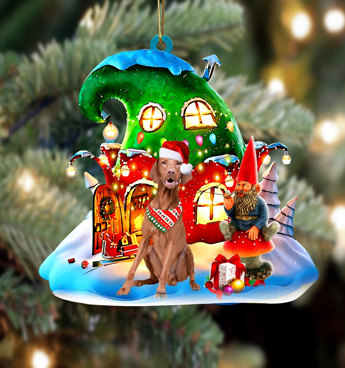 Vizsla With Rudolph's House Christmas Ornament