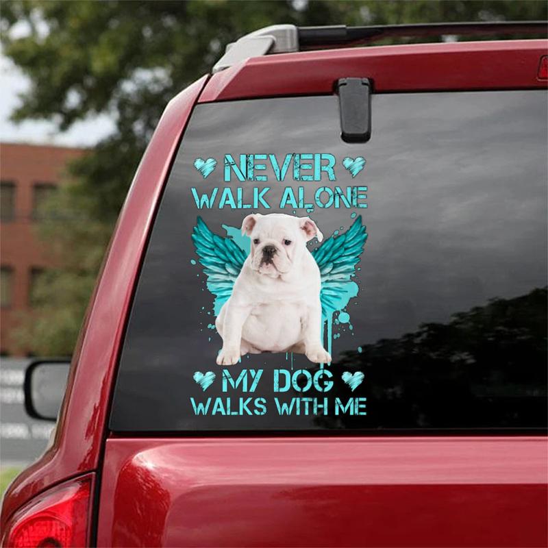 WHITE English Bulldog Walks With Me Sticker