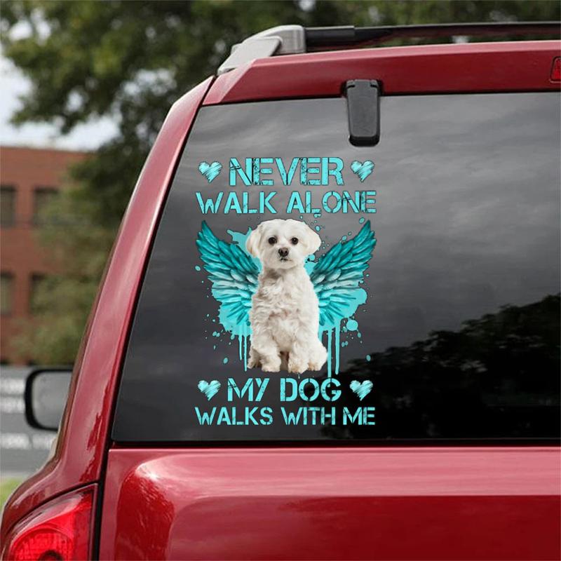 WHITE Maltese Walks With Me Sticker