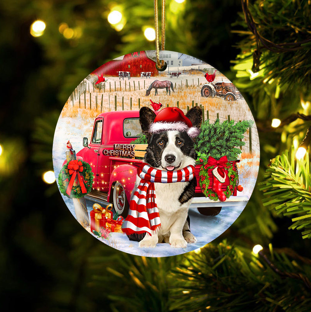 Welsh Corgi With Red Truck Christmas Ornament (porcelain)