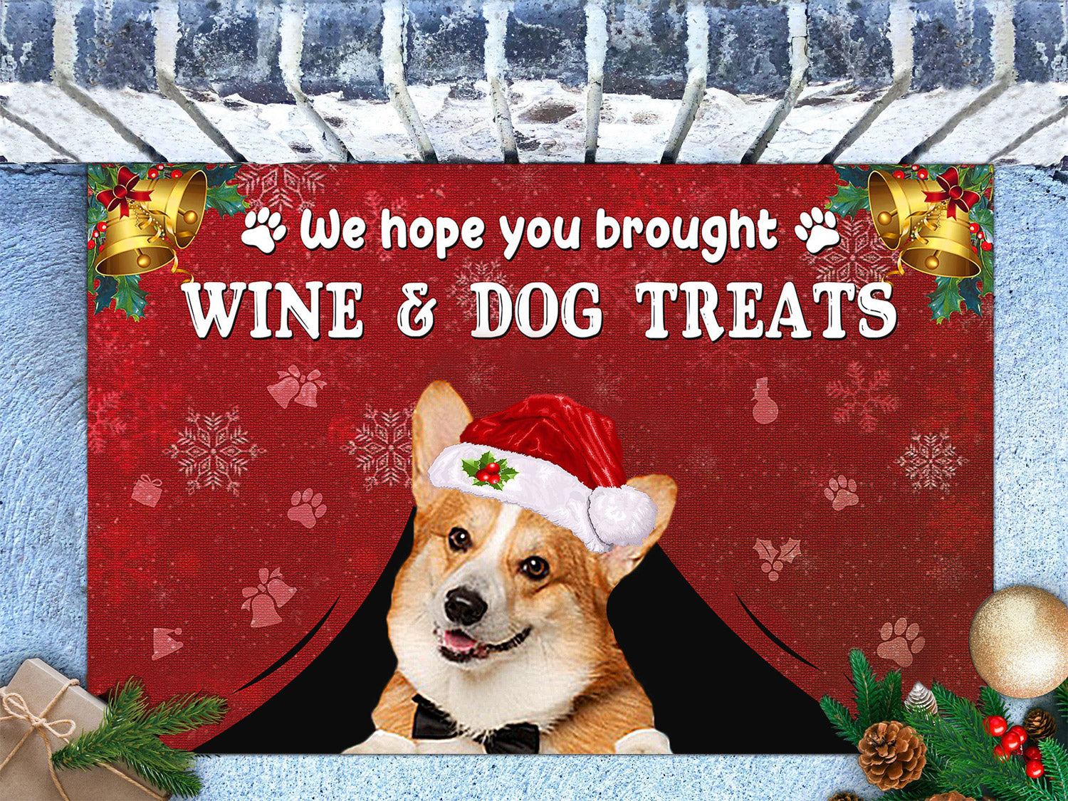 Welsh Corgi Wine & Dog Treats Christmas Doormat
