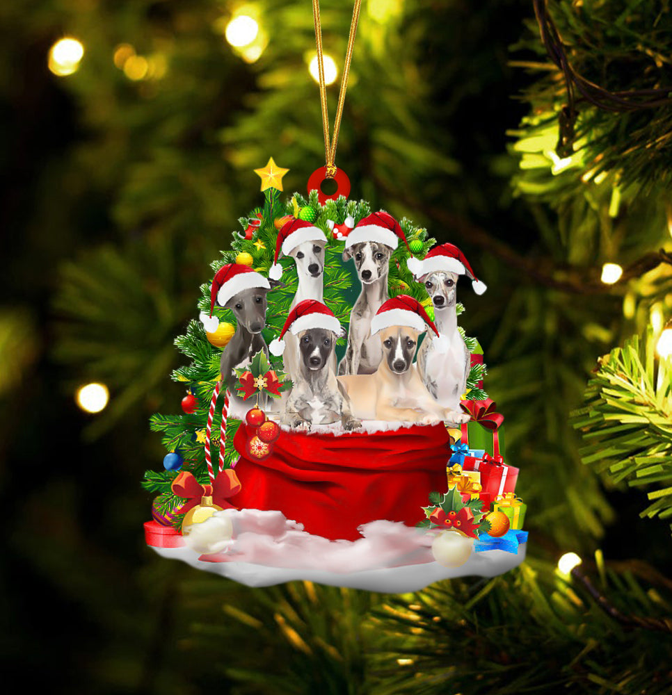 Whippet Dogs In A Gift Bag Christmas Ornament