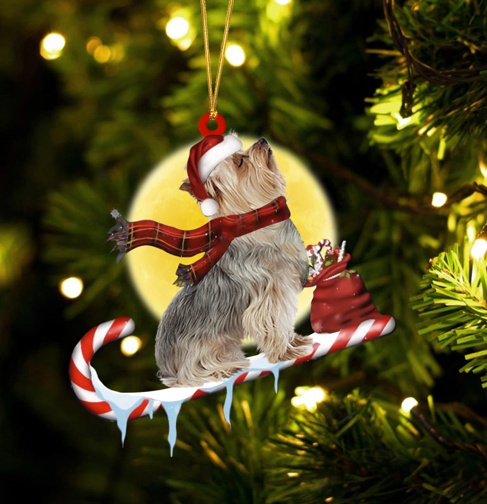 Yorkshire-Terrier On The Candy Cane Christmas Ornament