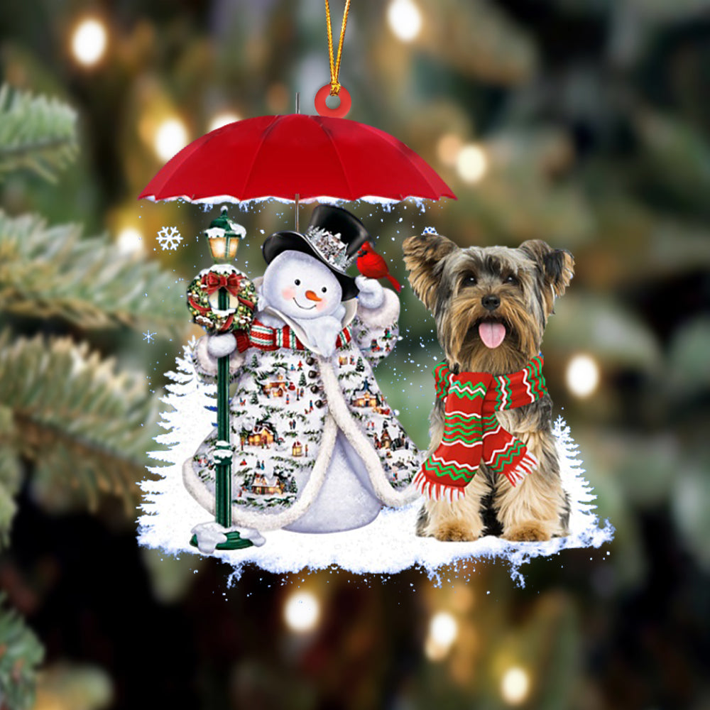 Yorkshire Terrier With Snowman Christmas Ornament