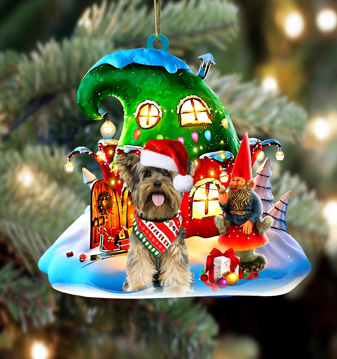Yorkshire Terrier With Rudolph's House Christmas Ornament