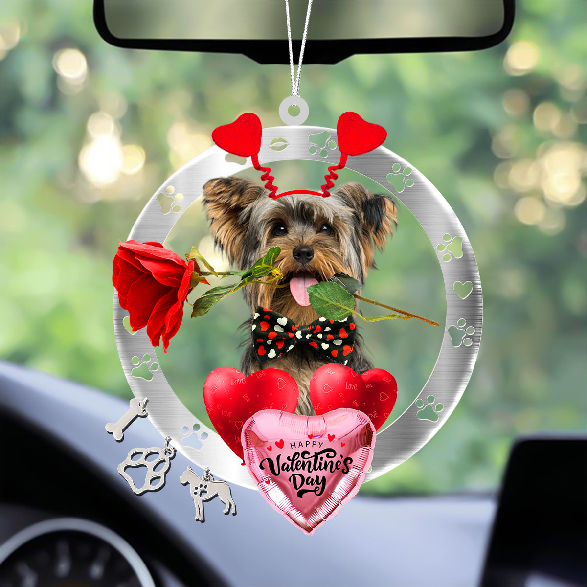 Yorkshire Terrier With Rose & Heart Balloon Ornament
