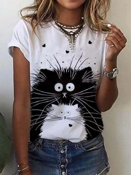 😽Ladies cute Black Cat Print T-shirt