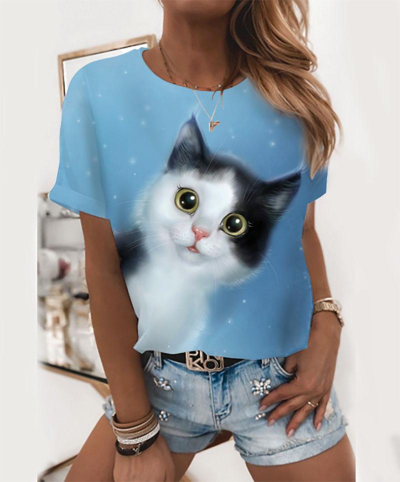 🐱Sky Blue Short Sleeve Cat Print T-shirt