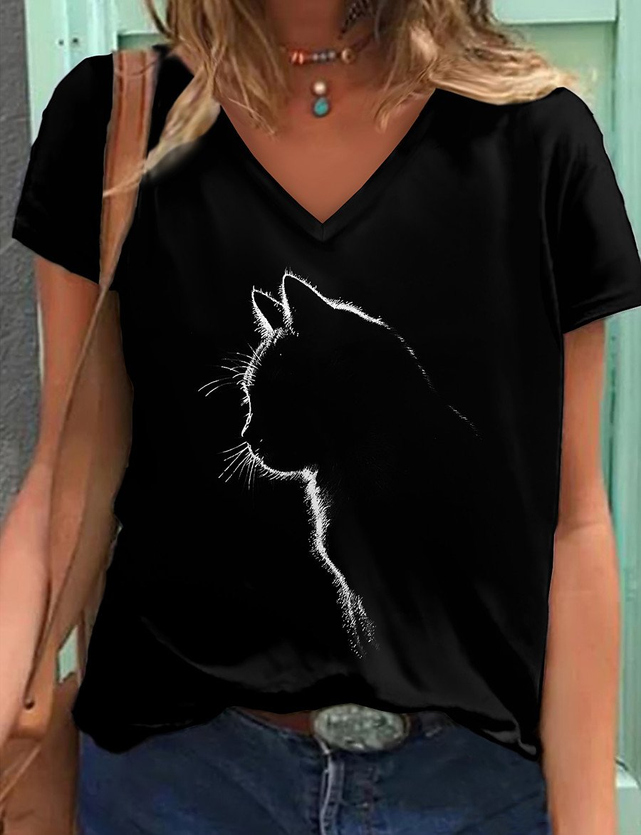 😽Ladies V-neck cool "Black Cat" Print T-shirt