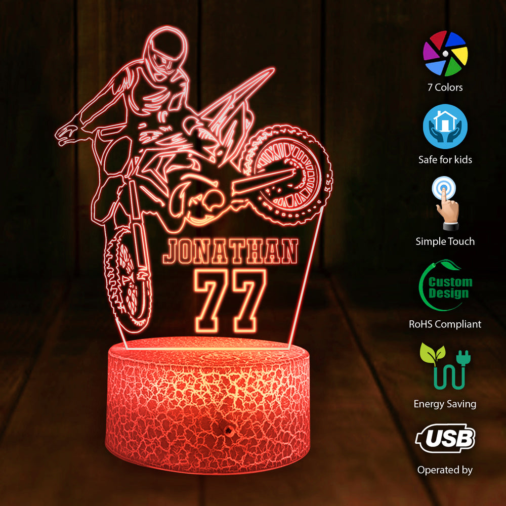 Personalized Motocross 3D Led Light with custom Name & Number, Dirt Bike Racing Night Lamp