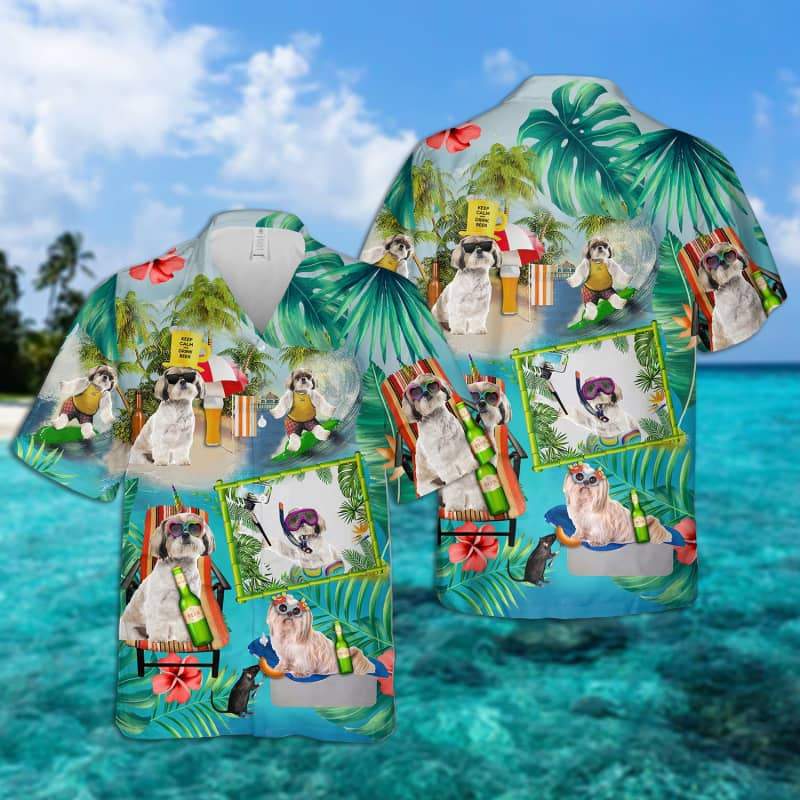 Shih Tzu Short Sleeve Button - Surfing Hawaiian Shirt