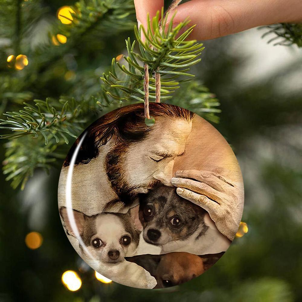 Three Chihuahua With Jesus Porcelain/Ceramic Ornament